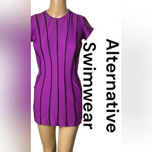 Modest Sea, swim top dress.  women Small. Purple,black stripes , cap sleeves, EC